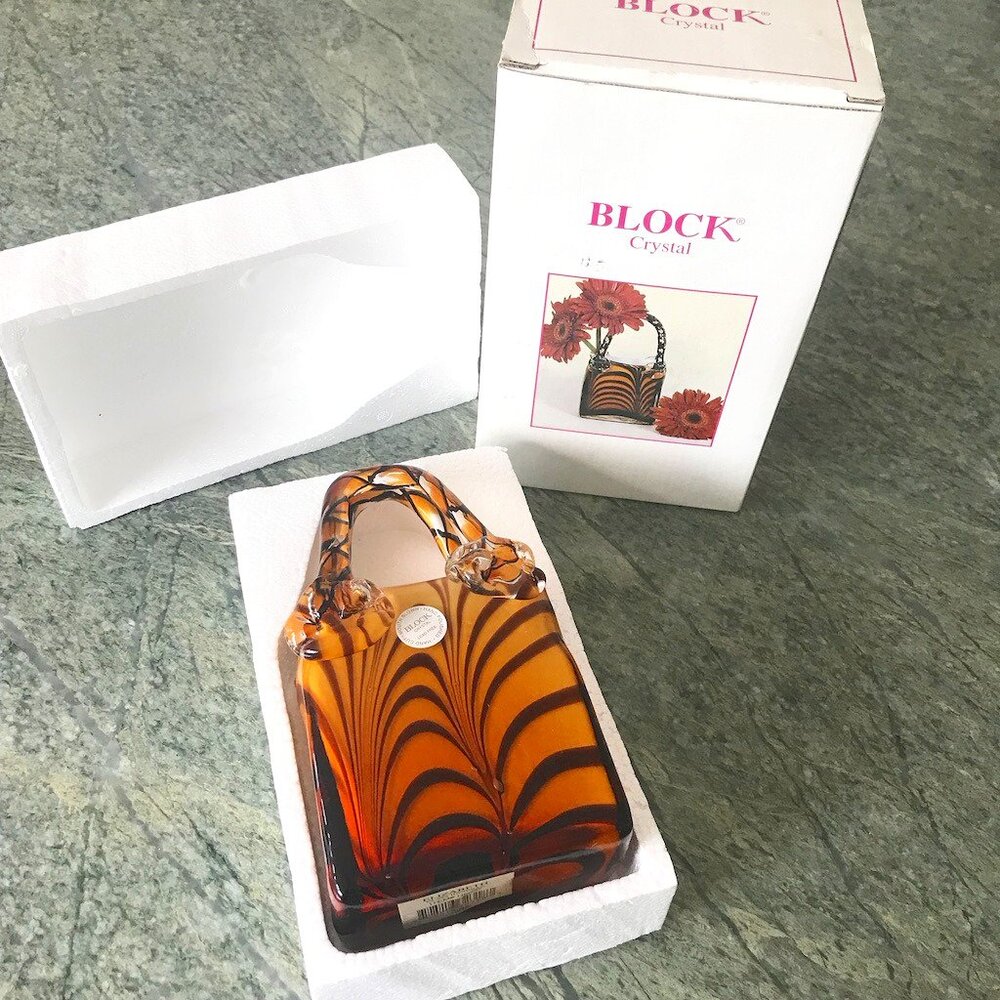 Vintage Block Crystal “Elizabeth” Handbag Vase  8"  Hand Cut & Polished  NIB
